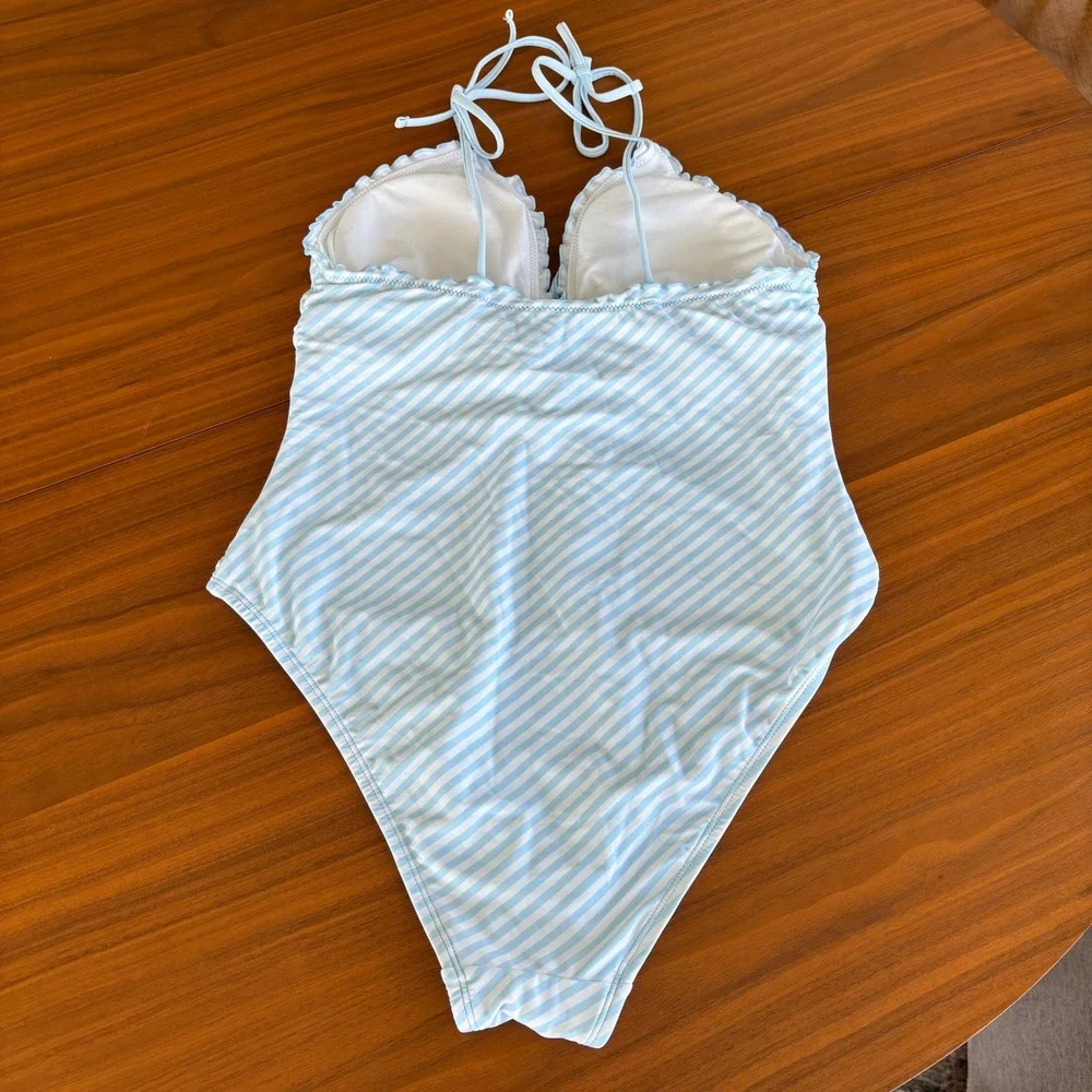 Shade & Shore One Piece Swimsuit L Blue White Striped Ruffle Coastal Chic Preppy